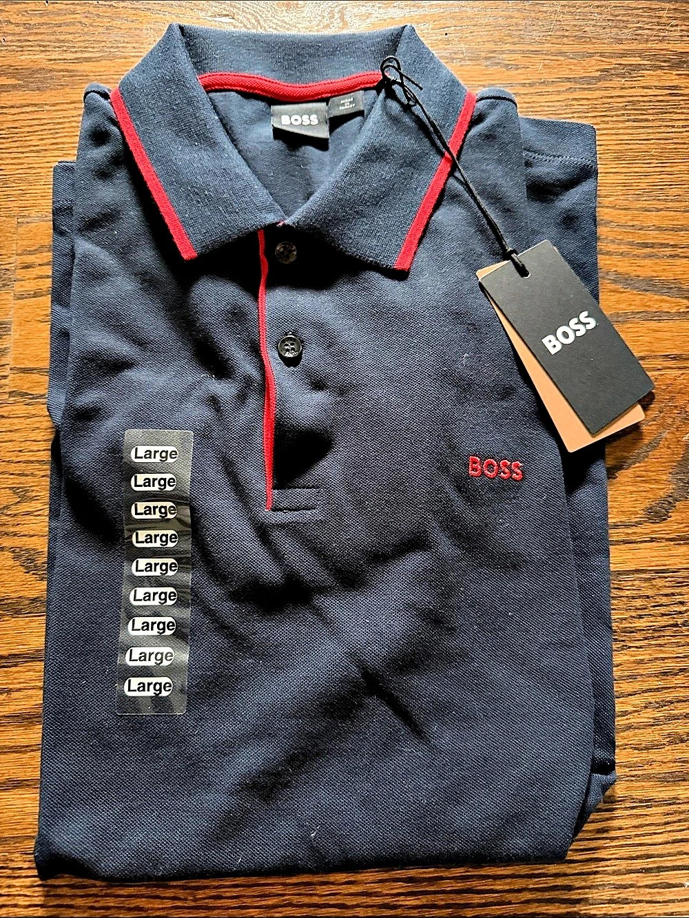 BOSS Men's Polo Shirt Navy & Red Size Large NWT